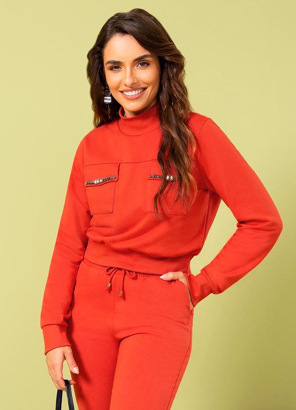 Cativa Casaco em Moletom Apliques em Pedraria Laranja