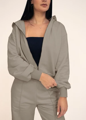 Briard - Casaco Feminino Cropped com Capuz e Zíper Cinza - BRIARD