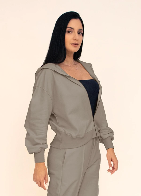 Briard - Casaco Feminino Cropped com Capuz e Zíper Cinza