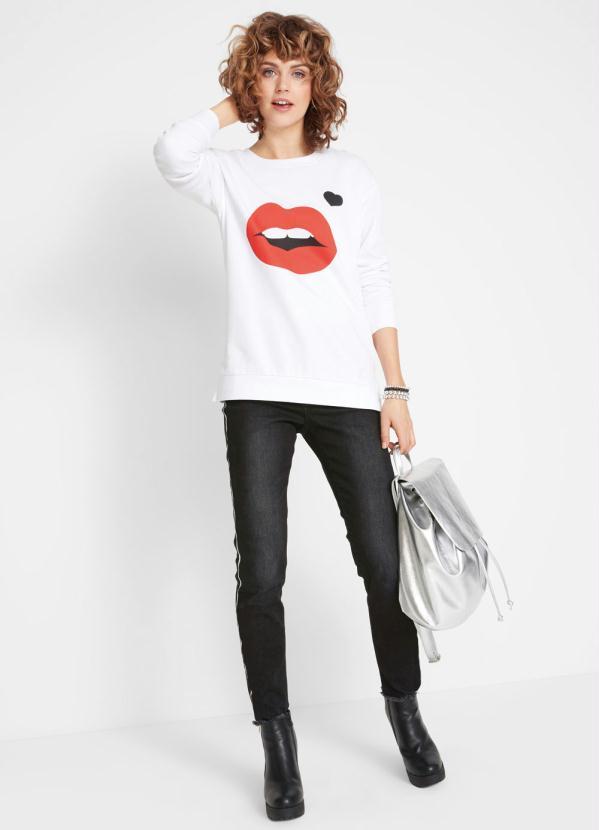 bonprix - Casaco Moletinho com Estampa de Boca Branco 3