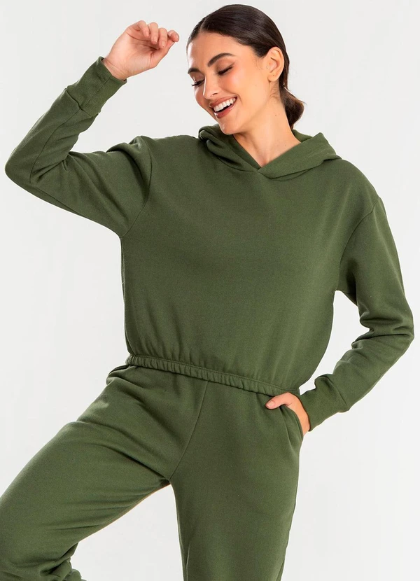 Meu Jeans - Cropped Moletom com Capuz Verde Militar