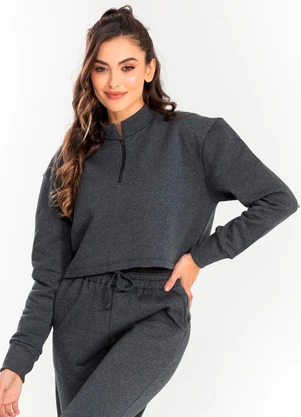 Meu Jeans - Cropped Moletom Gola Alta Mescla Escuro - MEU JEANS