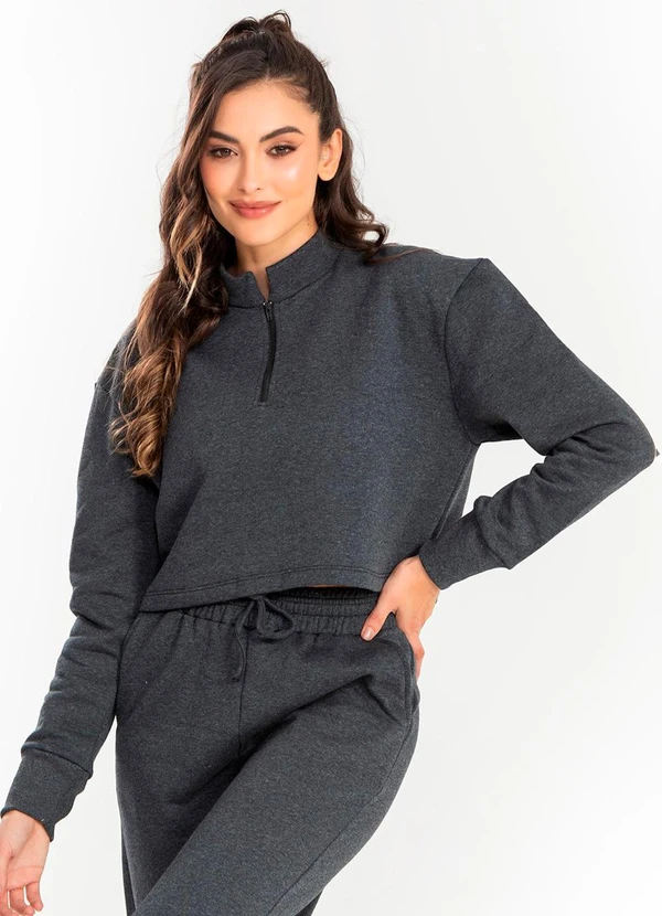 Meu Jeans - Cropped Moletom Gola Alta Mescla Escuro