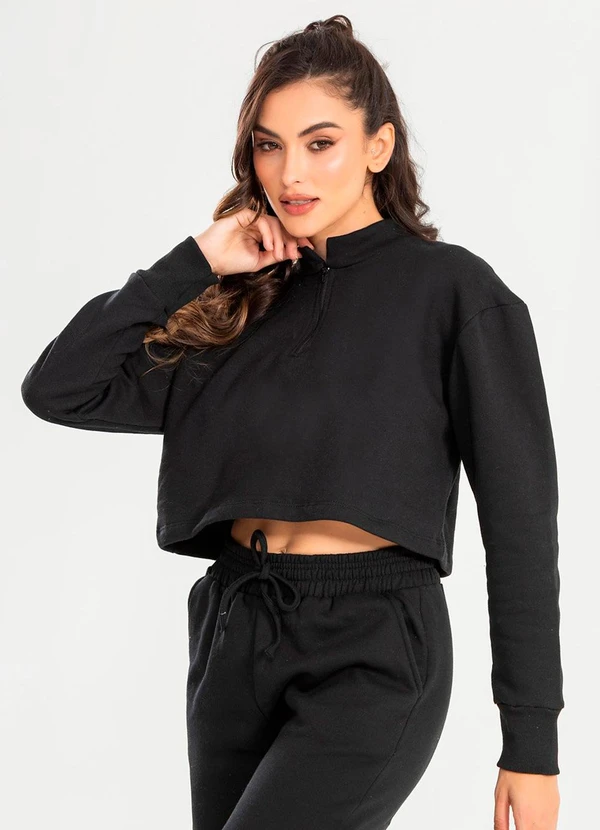 Meu Jeans - Cropped Moletom Gola Alta Preto