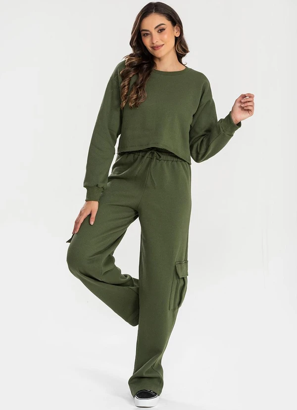 Meu Jeans - Cropped Moletom Manga Longa Evy Verde Militar 3