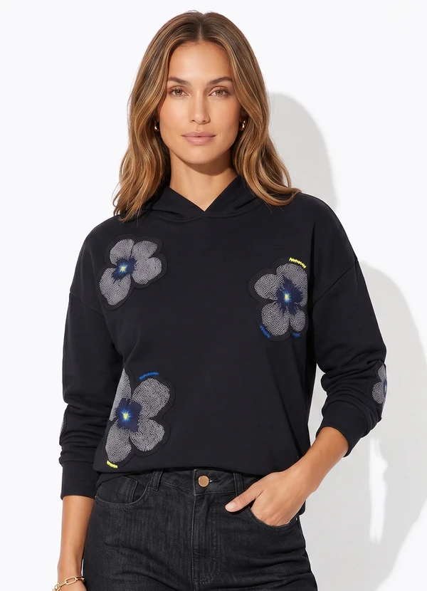 Cantão - Moletom Bordado Floral Yaya Preto