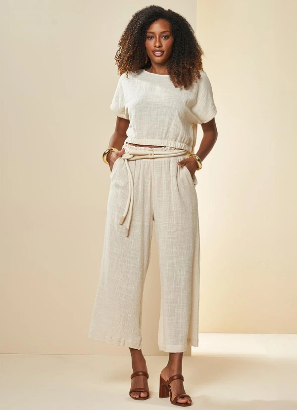 Doce Trama - Calça Cropped Cintura Média Nature Branco 3