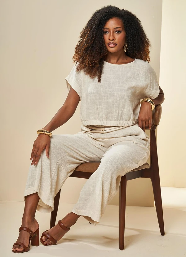 Doce Trama - Calça Cropped Cintura Média Nature Branco 5