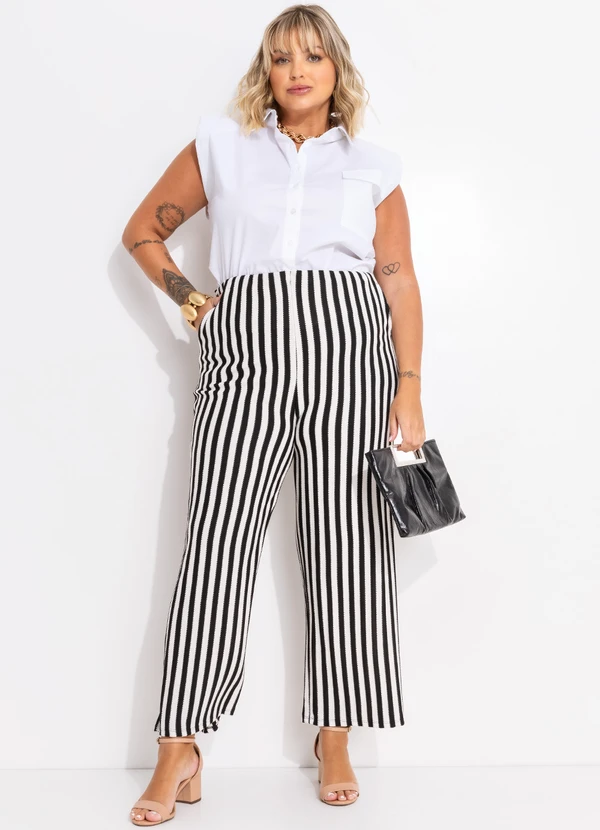 Quintess - Calça Listrado Preto e Branco em Malha Texturiza 13