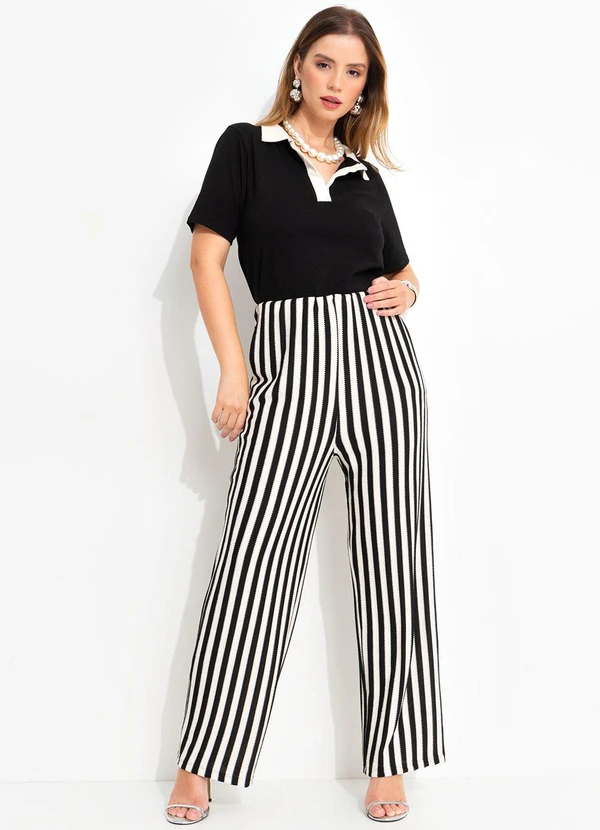 Quintess - Calça Listrado Preto e Branco em Malha Texturiza 3