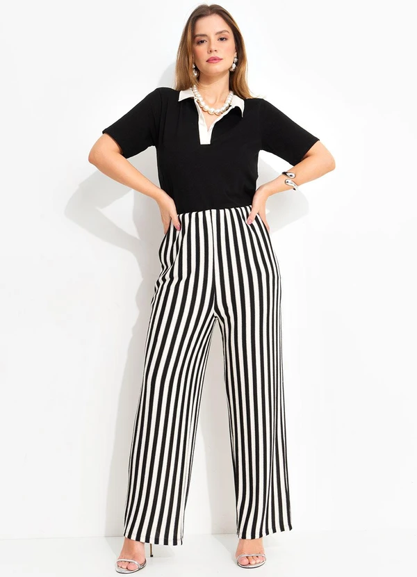 Quintess - Calça Listrado Preto e Branco em Malha Texturiza 8