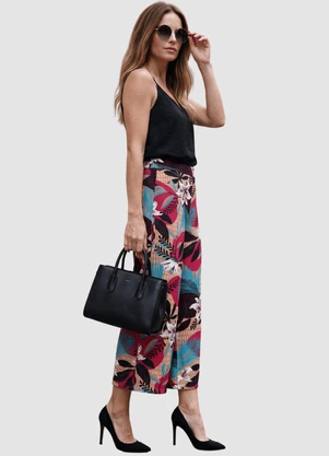 Yends Fashion - Calça Pantacourt Viscose Fem  Folhas Rosa - YENDS FASHION