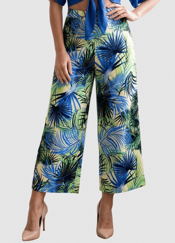 Yends Fashion - Calça Pantacourt Viscose Fem Folhas Verde