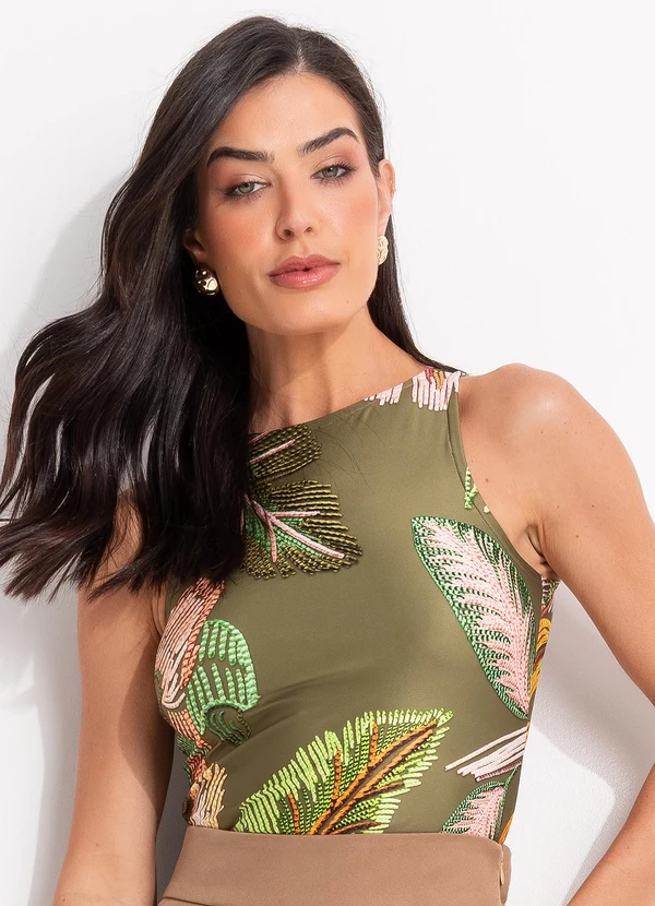 Quintess - Blusa Folhagem Verde em Malha Fria