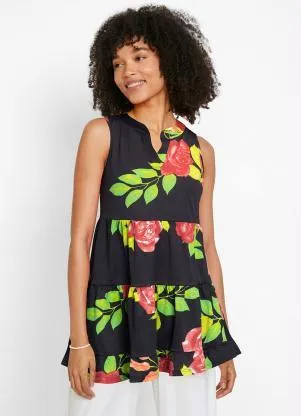 Queima Estoque - Blusa com Babado Floral Dark - QUEIMA ESTOQUE