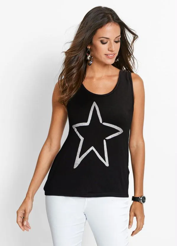 bonprix - Blusa com Estampa Estrela Preta
