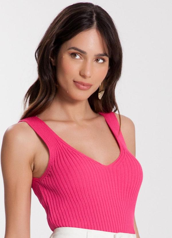 Lunender - Blusa em Tricô Canelado com Decote V Rosa