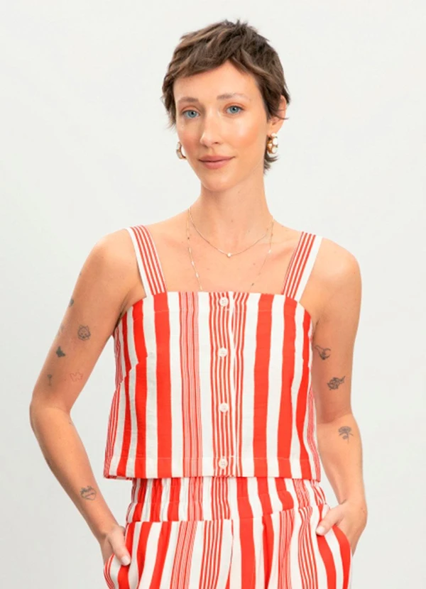 Essendi - Blusa Feminina Alfaiataria Listrada Vermelho
