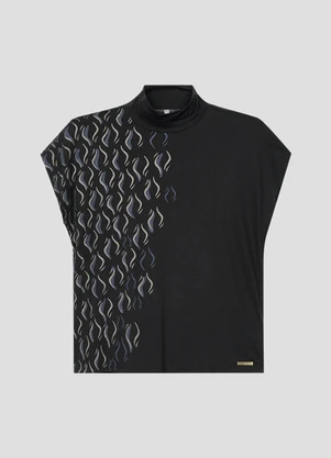 Cereja Rosa - Blusa Feminina com Estampa Metalizada Gola Alta Preto - CEREJA ROSA