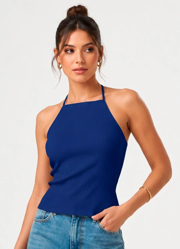 Infinita Cor - Blusa Feminina de Alça Ribana Canelada Azul