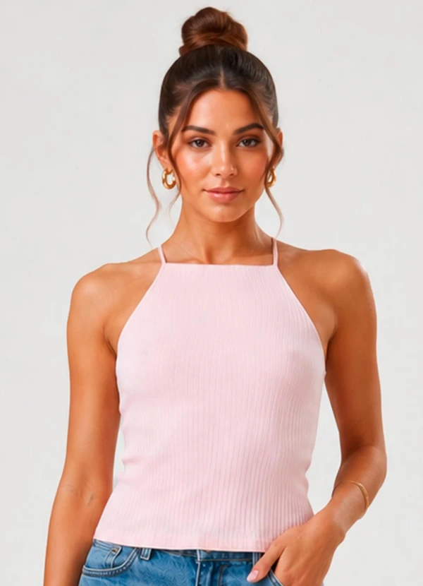 Infinita Cor - Blusa Feminina de Alça Ribana Canelada Rosa