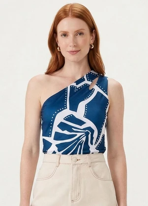 Marialícia - Blusa Feminina um Ombro Só com Gota Azul - MARIALÍCIA