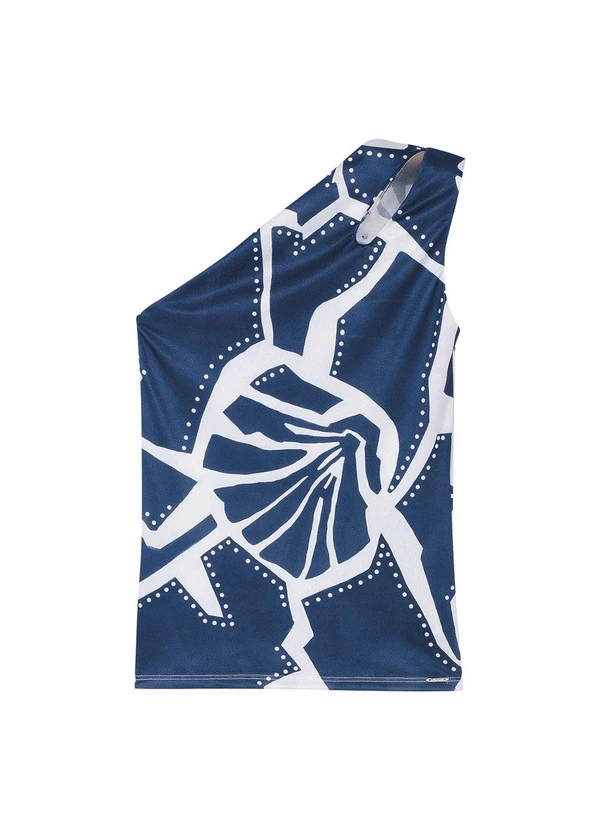 Marialícia - Blusa Feminina um Ombro Só com Gota Azul 3