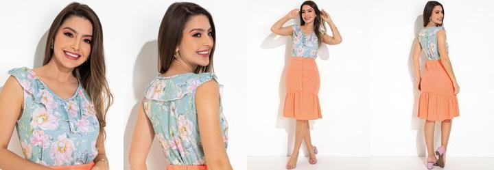 Blusa Floral Azul em Jersey Acetinado