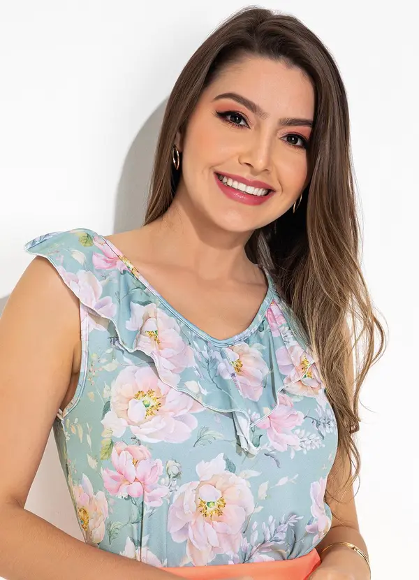 Rosalie - Blusa Floral Azul em Jersey Acetinado
