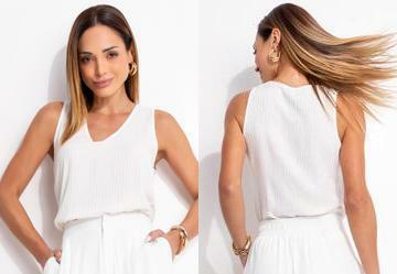 Blusa Listrado Off White em Viscose Plana