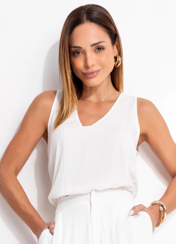 Quintess - Blusa Listrado Off White em Viscose Plana