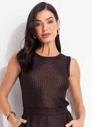 Quintess - Blusa Marrom em Malha Canelada com Lurex - QUINTESS