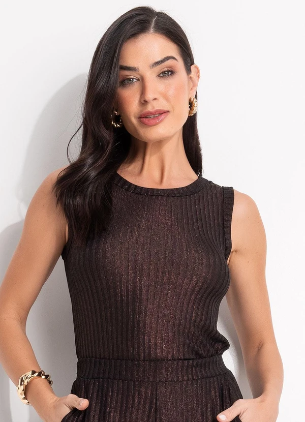 Quintess - Blusa Marrom em Malha Canelada com Lurex