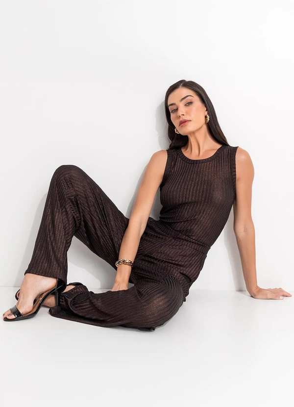 Quintess - Blusa Marrom em Malha Canelada com Lurex