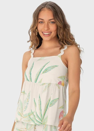 Malwee - Blusa Off White Evasê Tropical com Lastex - MALWEE