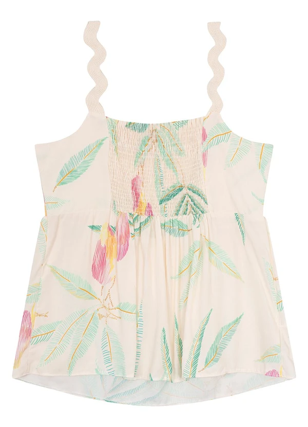 Malwee - Blusa Off White Evasê Tropical com Lastex 4