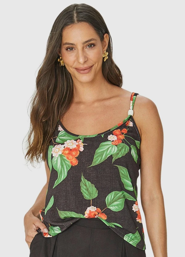 Malwee - Blusa Preta Floral Canelada