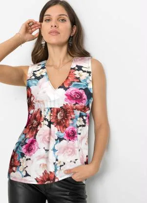 bonprix - Blusa Regata Decote V Floral Branco - BONPRIX