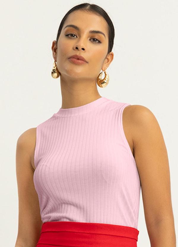 Lunender - Blusa Regata Lisa Gola Alta Malha Canelada Rosa
