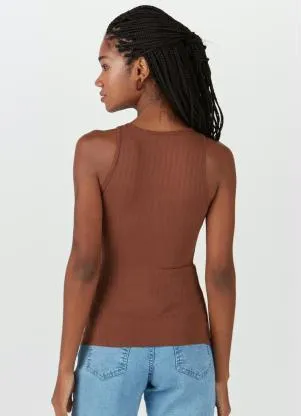 Malwee - Blusa Regata Malha Canelada de Viscose Marrom - MALWEE