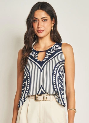 Doce Trama - Blusa sem Manga em Sarja e Malha Viscose Azul - DOCE TRAMA