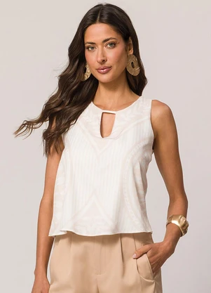 Doce Trama - Blusa sem Manga em Sarja e Malha Viscose Branco - DOCE TRAMA