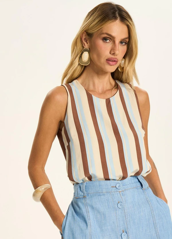 Doce Trama - Blusa sem Mangas com Gola Redonda Azul