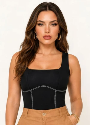 Elegance - Regata Acinturada com Vivo em Contraste Preto - ELEGANCE