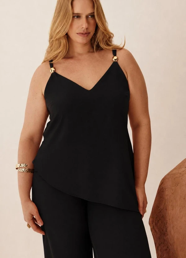 Elegance - Regata Assimétrica com Detalhe Metal Alça Preto