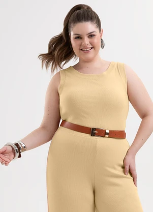 Cativa Plus Size - Regata Canelada com Linho e Elastano Bege - CATIVA PLUS SIZE