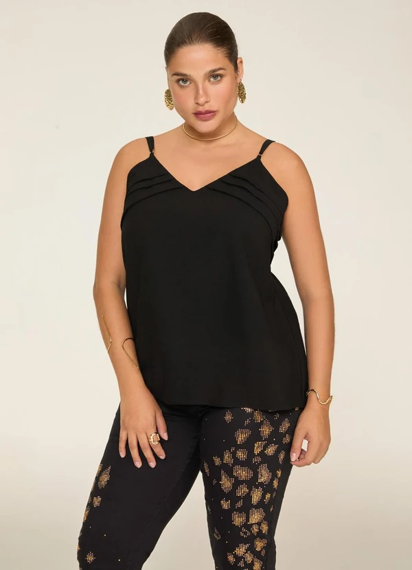 Elegance - Regata com Pregas Busto e Alças Finas Preto