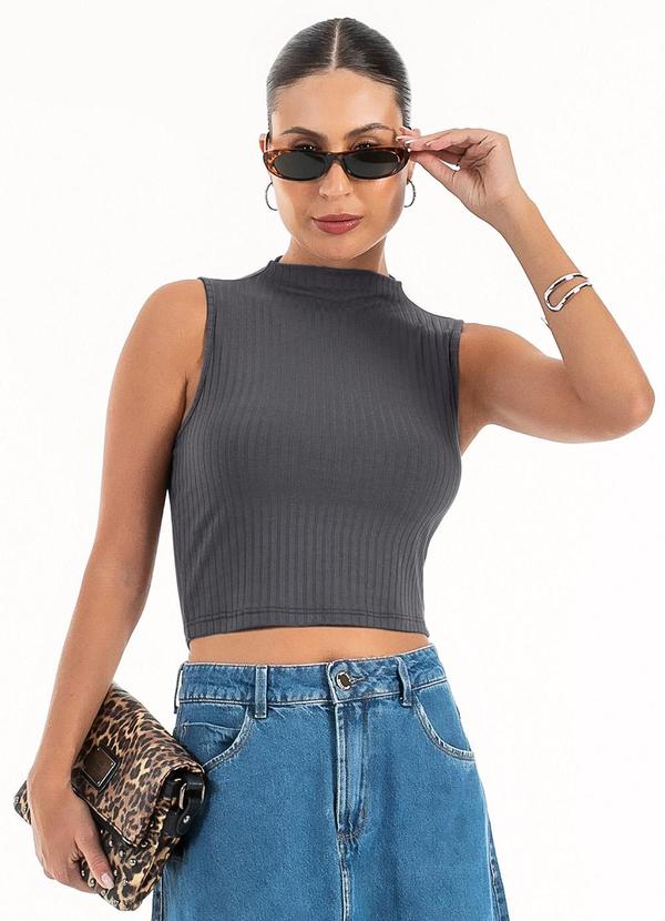 Habana - Regata Cropped em Canelado Cinza Escuro