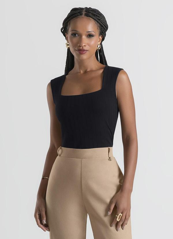 Cativa - Regata Decote Quadrado em Canelado Preto