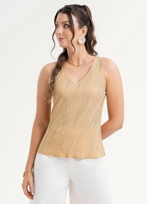 Habana - Regata Decote V em Misturinha Bege